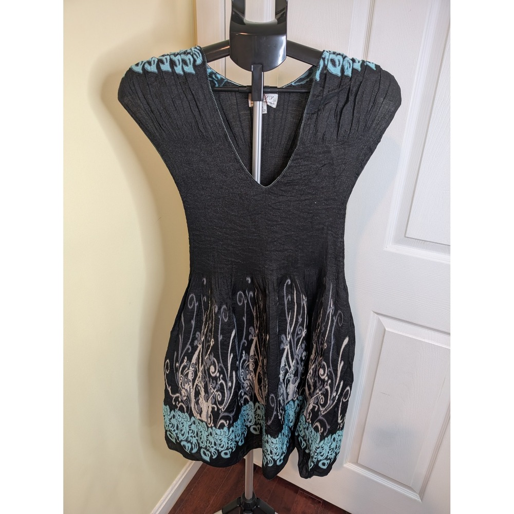 MSSP Max Studio Dress Womens Medium Black Teal Stretch Smocked Whimsigoth NWT